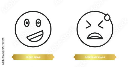 two editable outline icons from emoji concept. thin line icons such as proud emoji, desperate emoji vector.