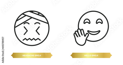 two editable outline icons from emoji concept. thin line icons such as headache emoji, hello emoji vector.