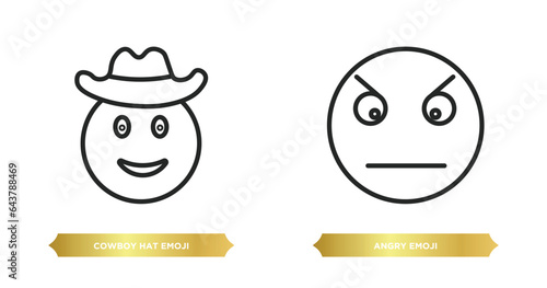 two editable outline icons from emoji concept. thin line icons such as cowboy hat emoji, angry emoji vector.