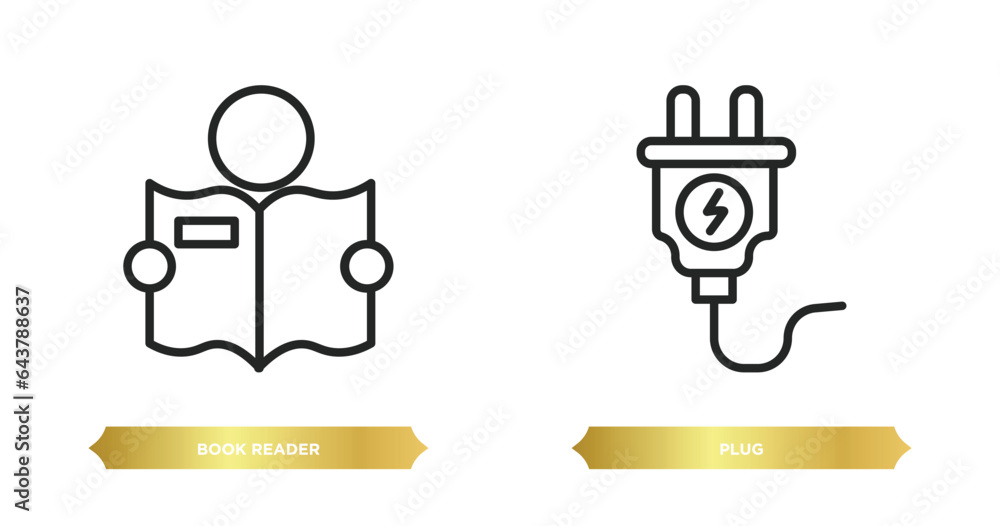 two editable outline icons from electronic devices concept. thin line icons such as book reader, plug vector. two editable outline icons from electronic devices concept. thin line icons such as book reader, plug vector.