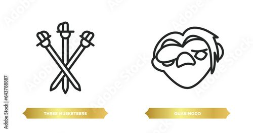 two editable outline icons from education concept. thin line icons such as three musketeers, quasimodo vector.