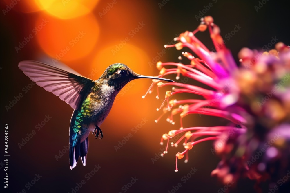 Fototapeta premium macro of hummingbird feeding, pollinating colorful flower