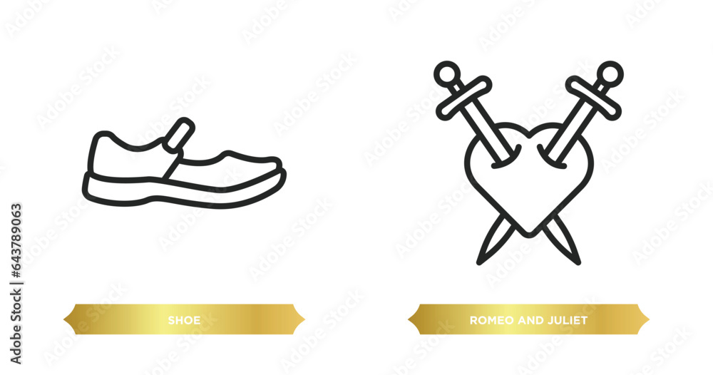 two editable outline icons from education concept. thin line icons such as shoe, romeo and juliet vector. two editable outline icons from education concept. thin line icons such as shoe, romeo and juliet vector.