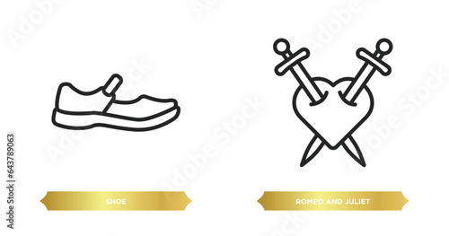 two editable outline icons from education concept. thin line icons such as shoe, romeo and juliet vector.