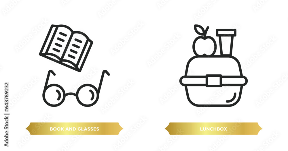 two editable outline icons from education concept. thin line icons such as book and glasses, lunchbox vector. two editable outline icons from education concept. thin line icons such as book and glasses, lunchbox vector.
