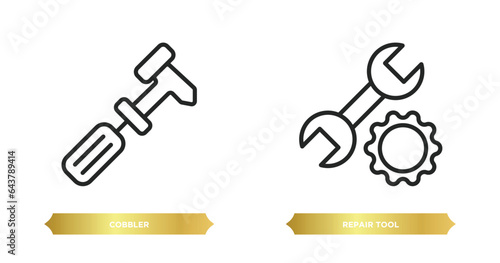 two editable outline icons from edit tools concept. thin line icons such as cobbler, repair tool vector.