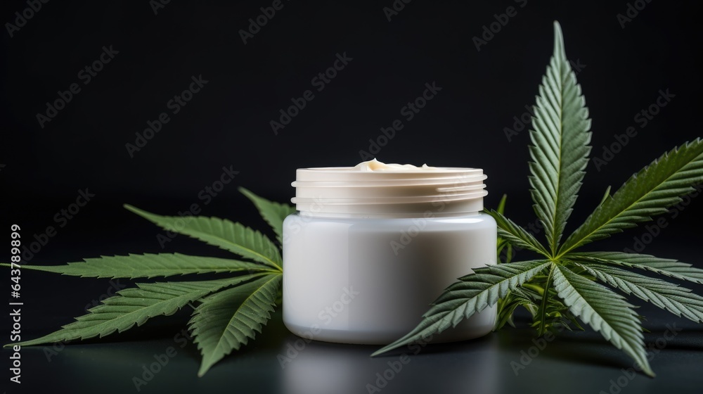 Open round jar with white cream on a black background with green hemp leaves. Side view Open round jar with white cream on a black background with green hemp leaves. Side view