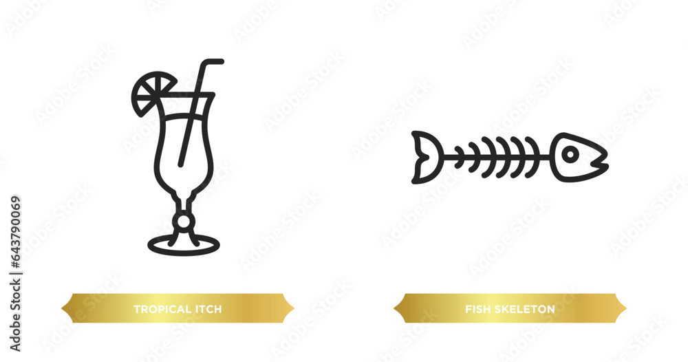two editable outline icons from drinks concept. thin line icons such as tropical itch, fish skeleton vector. two editable outline icons from drinks concept. thin line icons such as tropical itch, fish skeleton vector.
