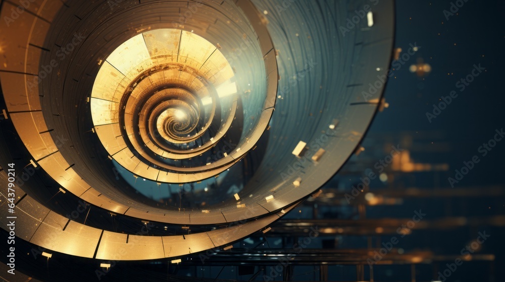 Obraz premium golden spiral, glitch art effect, gold, green, blue colours, 16:9