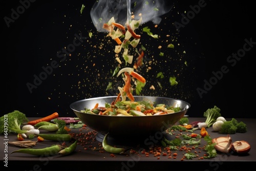 vegetables and spices flying mid-air above a heated wok