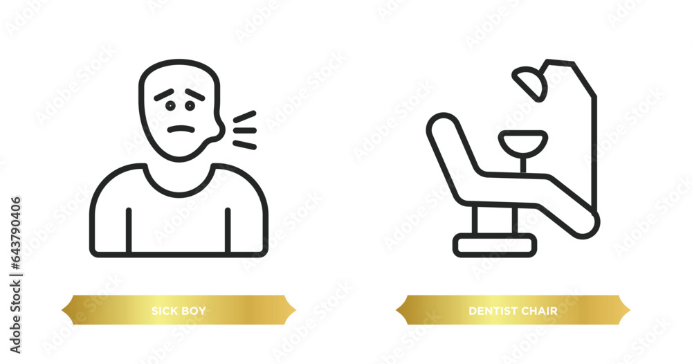 two editable outline icons from dentist concept. thin line icons such as sick boy, dentist chair vector. two editable outline icons from dentist concept. thin line icons such as sick boy, dentist chair vector.