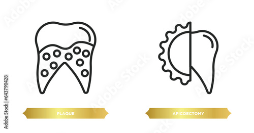 two editable outline icons from dentist concept. thin line icons such as plaque, apicoectomy vector.