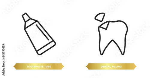two editable outline icons from dentist concept. thin line icons such as toothpaste tube, dental filling vector.