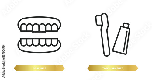 two editable outline icons from dentist concept. thin line icons such as dentures, toothbrushes vector.