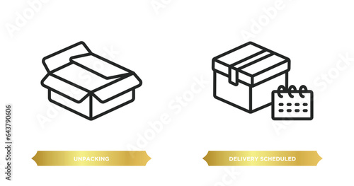 two editable outline icons from delivery and logistic concept. thin line icons such as unpacking, delivery scheduled vector.