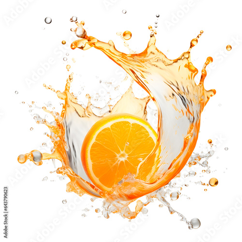 Orange with juice splash on the white background, summer fruits concept, realistic design illustration, generative ai