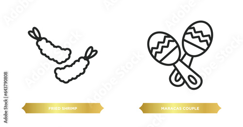 two editable outline icons from culture concept. thin line icons such as fried shrimp, maracas couple vector.