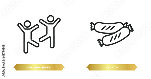 two editable outline icons from culture concept. thin line icons such as capoeira brazil dancers, chorizo vector.