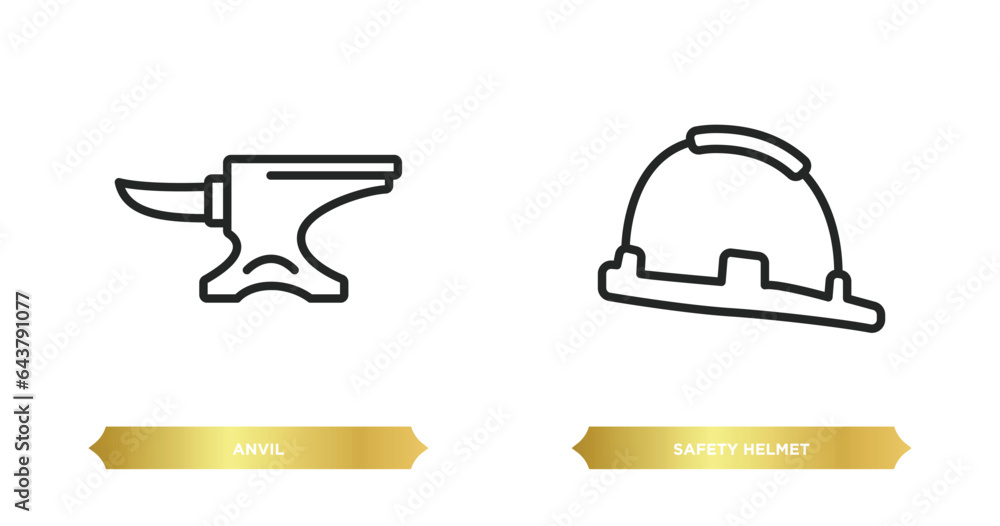 two editable outline icons from construction tools concept. thin line icons such as anvil, safety helmet vector. two editable outline icons from construction tools concept. thin line icons such as anvil, safety helmet vector.