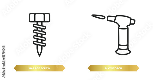 two editable outline icons from construction tools concept. thin line icons such as garage screw, blowtorch vector.