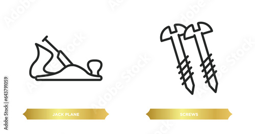 two editable outline icons from construction tools concept. thin line icons such as jack plane, screws vector.