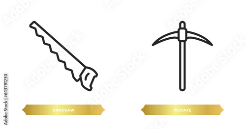 two editable outline icons from construction and tools concept. thin line icons such as handsaw, pickaxe vector.