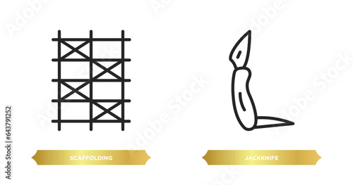 two editable outline icons from construction and tools concept. thin line icons such as scaffolding, jackknife vector.