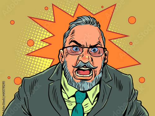 Bad company management. Report employees. Customer dissatisfaction. An adult man in glasses and a suit screams. Pop Art Retro