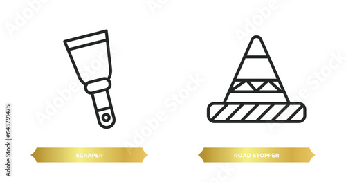 two editable outline icons from construction concept. thin line icons such as scraper, road stopper vector.