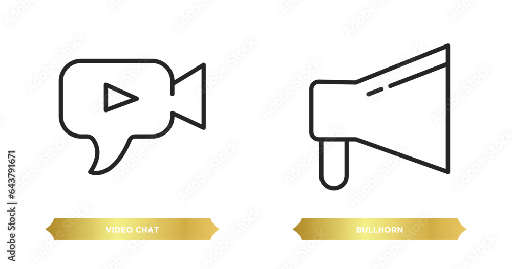 two editable outline icons from communication concept. thin line icons such as video chat, bullhorn vector. two editable outline icons from communication concept. thin line icons such as video chat, bullhorn vector.