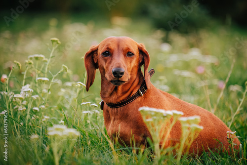 The sad smooth dachshund on the grass.