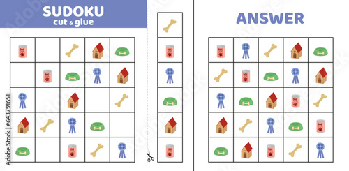 Pet sudoku with five dog care subjects. Game puzzle for kids. Cut and glue. Cartoon