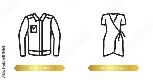 two editable outline icons from clothes concept. thin line icons such as denim jacket  jersey wrap dress vector.