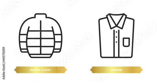 two editable outline icons from clothes concept. thin line icons such as puffer jacket, chemise vector.