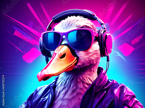 dj goose with headphones & sunglasses and Good Colorful synthwave neon background with Music photo