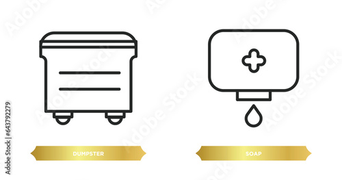 two editable outline icons from cleaning concept. thin line icons such as dumpster, soap vector.