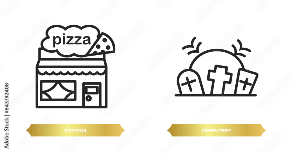 Obraz premium two editable outline icons from city elements concept. thin line icons such as pizzeria, cementery vector.