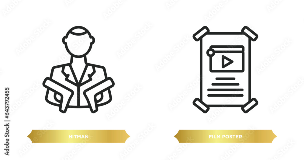 two editable outline icons from cinema concept. thin line icons such as hitman, film poster vector. two editable outline icons from cinema concept. thin line icons such as hitman, film poster vector.