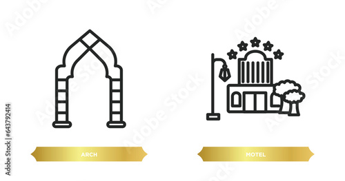 two editable outline icons from city elements concept. thin line icons such as arch, motel vector.