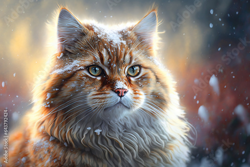 A portrait of a norwegian cat in the snow. Season greetings.
