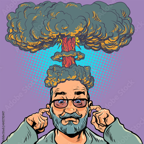 Brain explosion. A strong load on the thoughts of a person. A man with a beard and glasses plugs his ears while he has an explosion on his head. Pop Art Retro