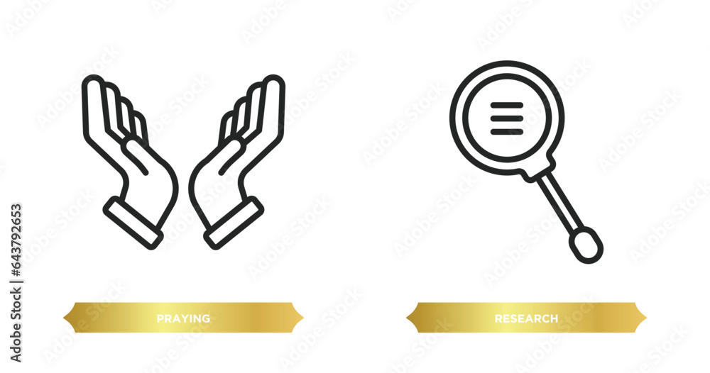two editable outline icons from charity concept. thin line icons such as praying, research vector. two editable outline icons from charity concept. thin line icons such as praying, research vector.