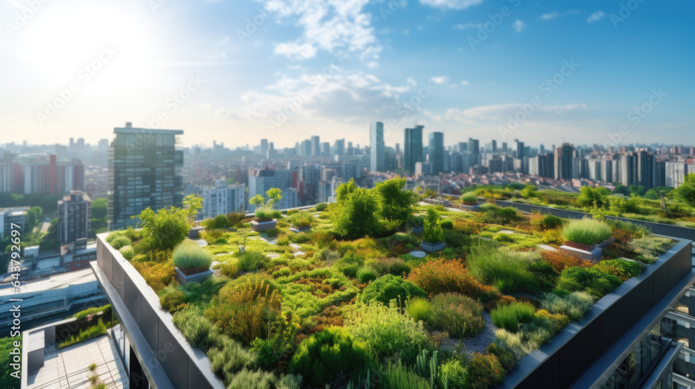 Obraz premium Aerial view of green rooftop garden showcasing sustainable city urban development