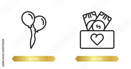 two editable outline icons from charity concept. thin line icons such as ballons, cash box vector.