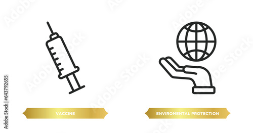 two editable outline icons from charity concept. thin line icons such as vaccine, enviromental protection vector.