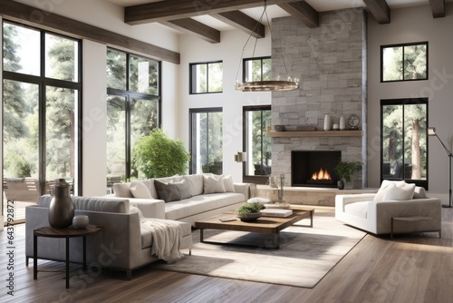 Summer Minimal Modern Family Room Interior with Luxury Furnishing and Exposed Wood Beams and Nature Views