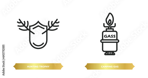 two editable outline icons from camping concept. thin line icons such as hunting trophy, camping gas vector.