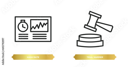 two editable outline icons from business and finance concept. thin line icons such as hash rate, trial hammer vector.