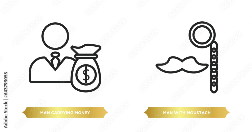 two editable outline icons from business concept. thin line icons such as man carrying money, man with moustach vector. two editable outline icons from business concept. thin line icons such as man carrying money, man with moustach vector.