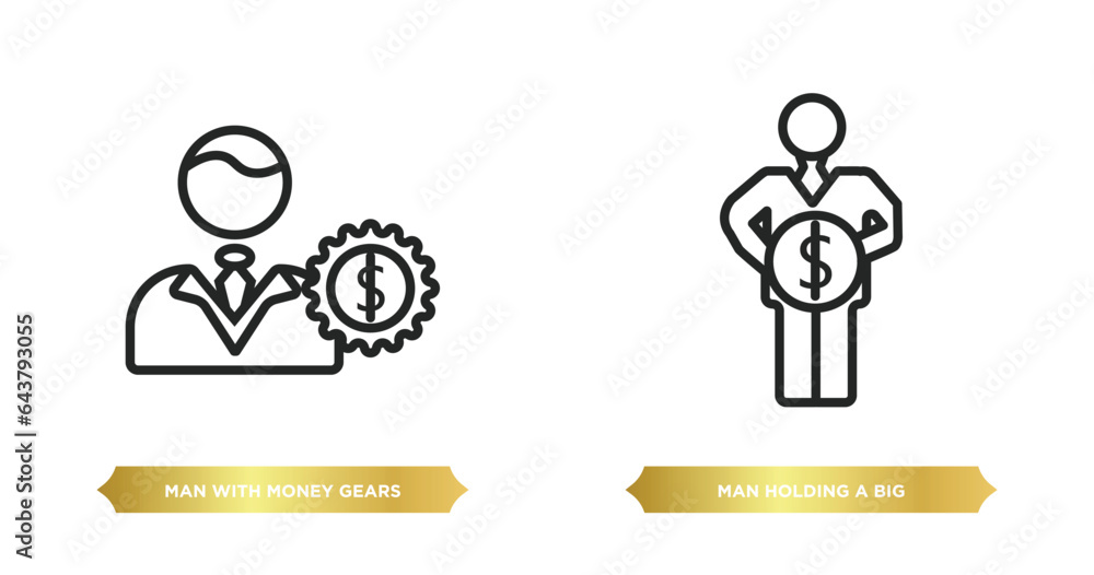 two editable outline icons from business concept. thin line icons such as man with money gears, man holding a big coin vector. two editable outline icons from business concept. thin line icons such as man with money gears, man holding a big coin vector.